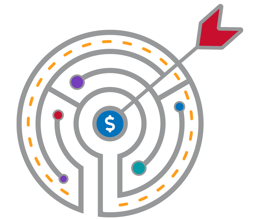 Graphic illustration of a target and maze with an arrow hitting a dollar sign