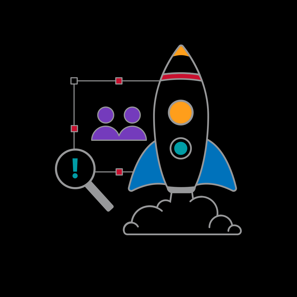 Graphic illustration of a successful rocket launch surrounded by icons of teamwork and planning
